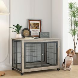 Furniture Style Dog Crate Side Table on Wheels with Double Doors and Lift Top.(Grey; 38.58''w x 25.5''d x 27.36''h)