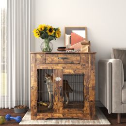 JHX Furniture Style Dog Crate End Table with Drawer; Pet Kennels with Double Doors ; Dog House Indoor Use; (Rustic Brown; 29.92'w x 24.80'd x 30.71'h)