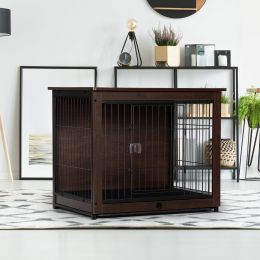 Indoor Dog Crate, Sofa Side End Table, 2-Tier Wooden Pet Cage with Removable Tray, Walnut (size: medium)